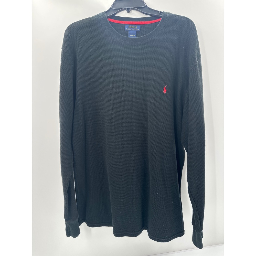 Polo Ralph Lauren Mens XL‎ Black Waffle Knit Thermal Long Sleeve Shirt Red Pony